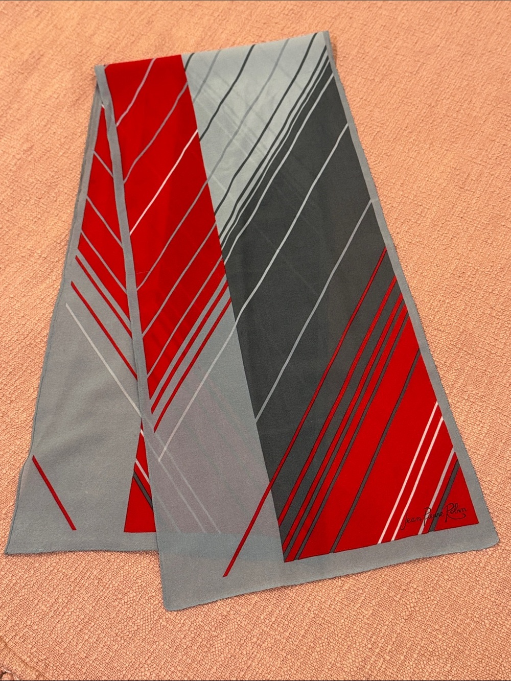 Long scarf - vintage Red and Gray Geometric - Jean Pierre Robin